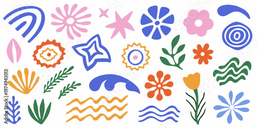 Colorful abstract floral and wave shapes arranged on a white background