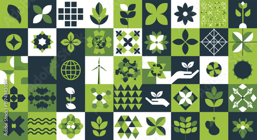 Abstract green eco geometric pattern with leaf shapes and sustainability symbols modern nature inspired seamless background design