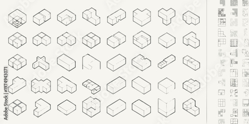 Isometric building blocks and architectural form explorations in a grid