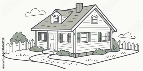 A simple line art illustration of a cozy house with a picket fence and garden