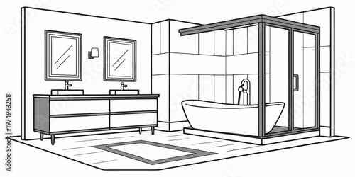 A modern bathroom interior with a bathtub, shower, and double vanity