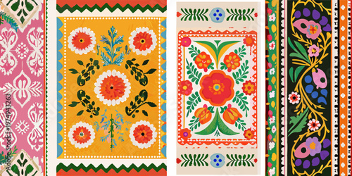 Colorful embroidered textile panels with floral and geometric designs