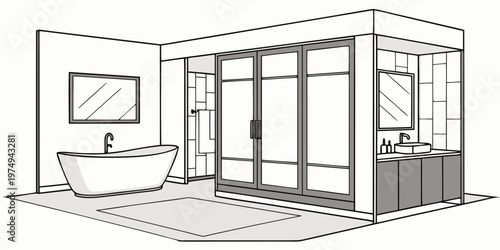 A modern bathroom interior with a freestanding bathtub and a walk-in shower