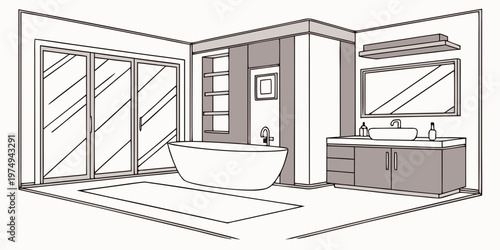 A modern bathroom interior with a freestanding bathtub and a large vanity