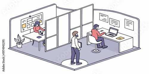 A minimalist vector illustration of three people working in a modern office cubicle with white walls and gray floor
