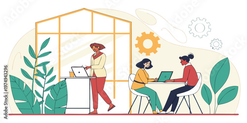 A vector graphic illustration of three women working on laptops in a modern office setting with a greenhouse and plants