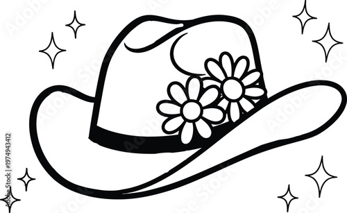 Title black and white illustration of a cowboy hat with floral decoration description a simple black and white line drawing depicts a