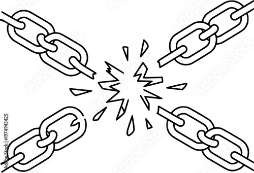 Broken chain links exploding outwards symbolizing freedom and breaking barriers