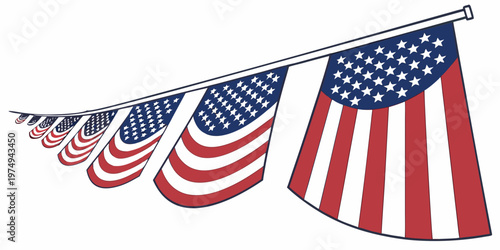 A vector graphic illustration of a string of American flags hanging from a pole