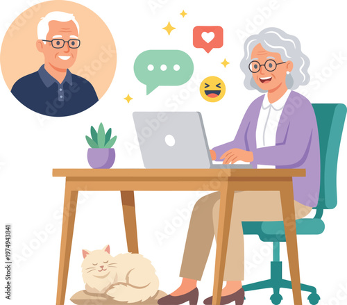 An elderly woman using a laptop with a video call to an older man while sitting with her cat