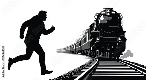 Man giving thumbs up as a train speeds by in a striking silhouette