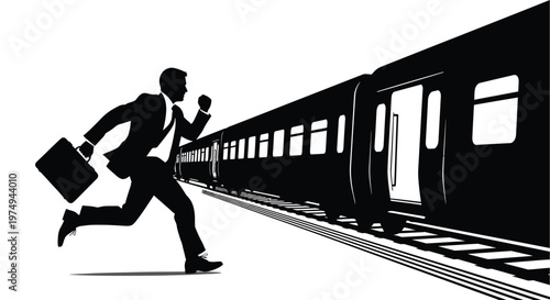 A businessman rushes to catch a departing train dramatic black silhouette