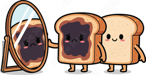 A cartoon illustration of three slices of bread with faces looking in a mirror
