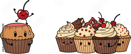 A cartoon illustration of cupcakes with various toppings and expressions
