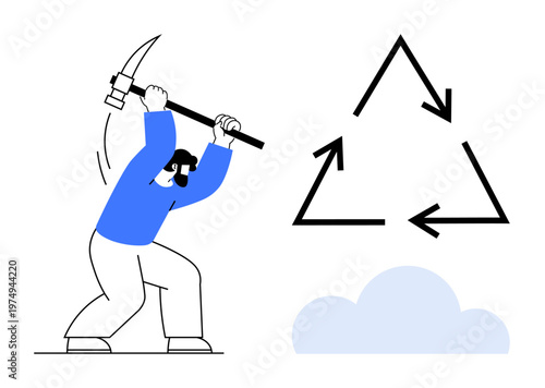 Environmental challenges, recycling issues, sustainability, industrial impact, ecological damage, green economy. A person breaking a recycling symbol with a pickaxe. Environmental challenges