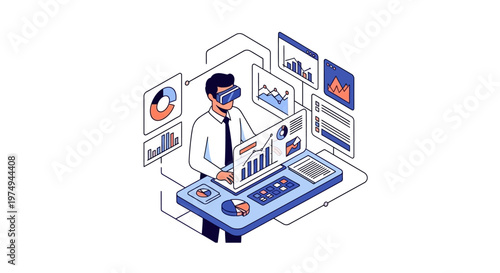 Futuristic isometric illustration of a man wearing VR goggles analyzing complex financial charts, big data dashboard, and business statistics in virtual reality.