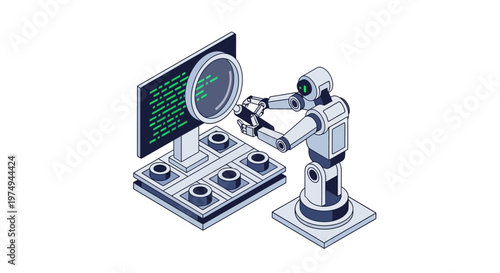AI Robot Inspecting Computer Code with Magnifying Glass - Isometric Software Testing and Quality Assurance Concept