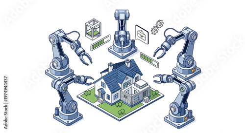 Isometric Robotic Arms Constructing a Modern House with 3D Printing Technology