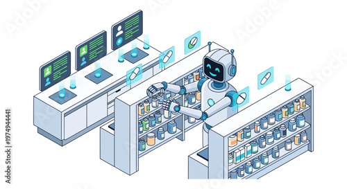 AI Robot Pharmacist in Modern Pharmacy Isometric Illustration: Smart Healthcare Automation and Digital Medicine Concept