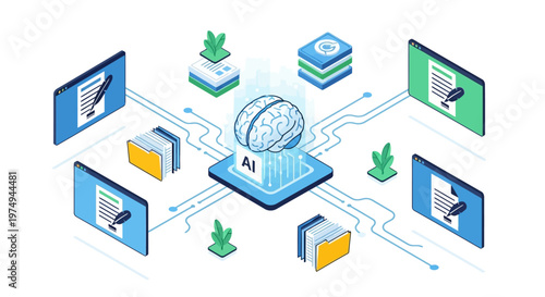 AI Content Writing and Data Management Isometric Illustration