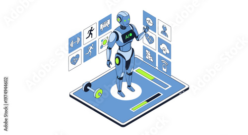 AI Personal Trainer Isometric Illustration: Artificial Intelligence Robot Monitoring Fitness and Health Data on a Tablet with Exercise Icons