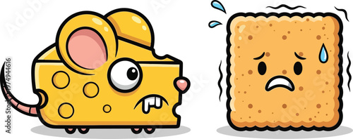 A cartoon mouse and cracker with sad faces on a white background