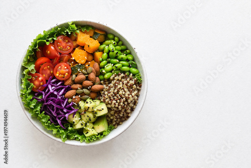 Colorful Salad Bowl Delight: A vibrant and nutritious salad bowl is beautifully arranged, offering a visual feast of fresh, wholesome ingredients in a modern minimalist style.