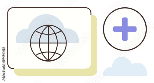 Global connectivity, cloud computing, networking, data sharing, storage solutions, online collaboration. Globe within cloud icon alongside plus sign data and connectivity. Cloud computing