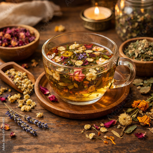 Aromatic Herbal Tea: A close-up shot showcasing a transparent teacup filled with a fragrant herbal tea, surrounded by wooden bowls and a variety of dried flowers and herbs.