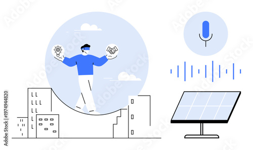 Innovation, renewable energy, artificial intelligence, futuristic technology, modern business, and sustainability. Man balancing with icons of lightbulb and handshake, microphone and solar panel