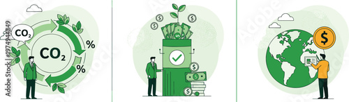 Carbon reduction and ESG investment concept with CO2 cycle green finance and global sustainability flat illustration design set
