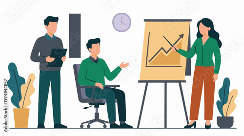 Business team analyzing growth chart in a professional meeting illustration.