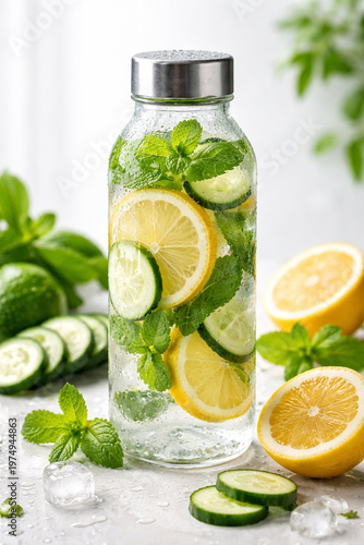 Refreshing Infusion: A close-up shot of a clear glass bottle filled with infused water, showcasing vibrant slices of lemon, cucumber, and sprigs of mint, offering a cool and healthy hydration choice.