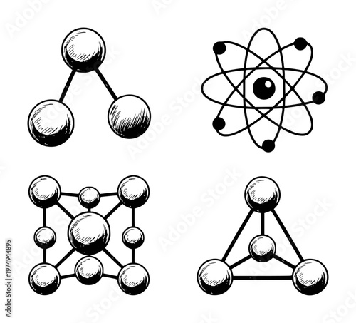 Hand drawn molecular structures and atomic model representing science and chemistry