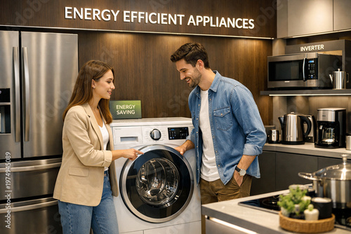 Energy Efficient Appliance Choices: A couple examining a modern washing machine amidst other energy-efficient appliances, showcasing a commitment to sustainable living and intelligent home technology.