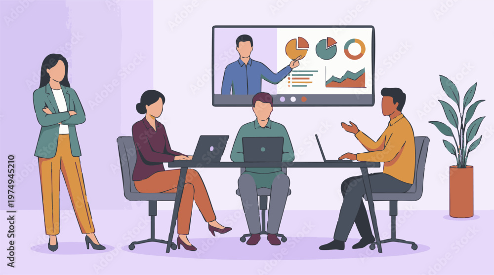 Fototapeta premium Business team meeting with virtual presenter displaying data analysis.