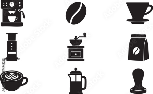 Diverse collection of coffee-making icons essential tools, beans, and popular brewing methods for beverage preparation designs
