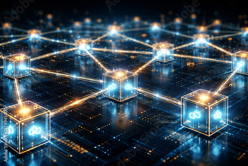Blockchain Network: An intricate network of interconnected digital cubes glows with futuristic technology, symbolizing secure data exchange.  