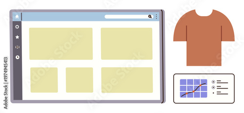 E-commerce, online shopping, digital marketing, analytics, web design, product management. A web interface with product display, clothing item and data visualization. E-commerce and digital