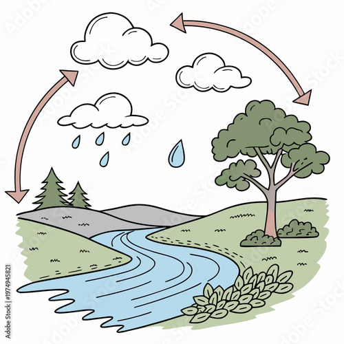 This colorful illustration depicts the water cycle showing evaporation condensation precipitation and collection in a natural landscape high quality professional detailed modern