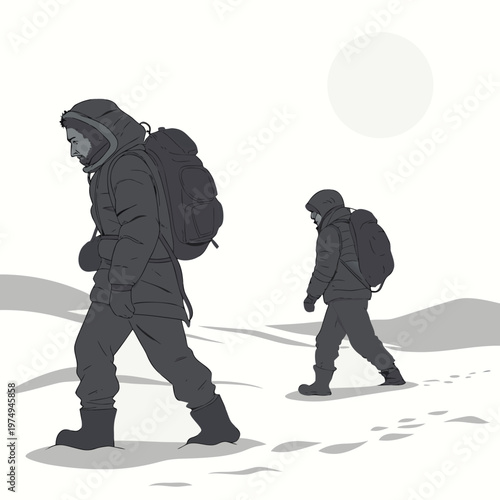 A digital illustration depicts two figures trekking through a desolate snowy landscape under a large pale moon high quality professional detailed modern