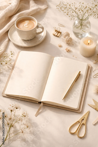 Serene Workspace Setup: An inviting workspace featuring a coffee, an open journal, pen, candle, and other elements, offering a sense of calm and inspiration for creative endeavors.