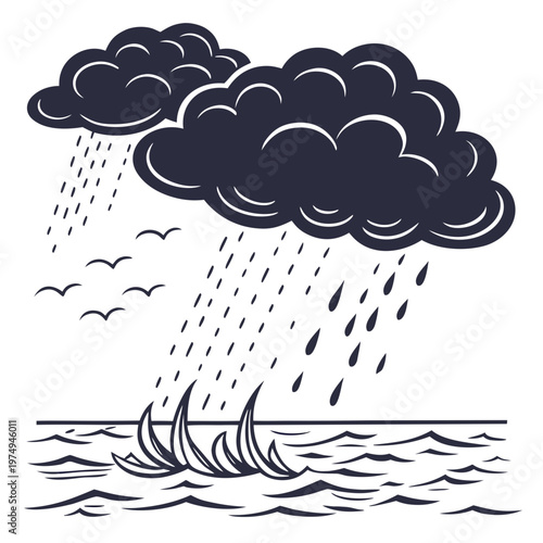 A stylized illustration depicts dark rain clouds releasing rainfall over a turbulent ocean with small birds flying beneath high quality professional detailed