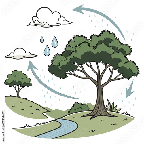 This illustration depicts the water cycle showing evaporation condensation precipitation and collection involving trees clouds and a stream high quality professional detailed