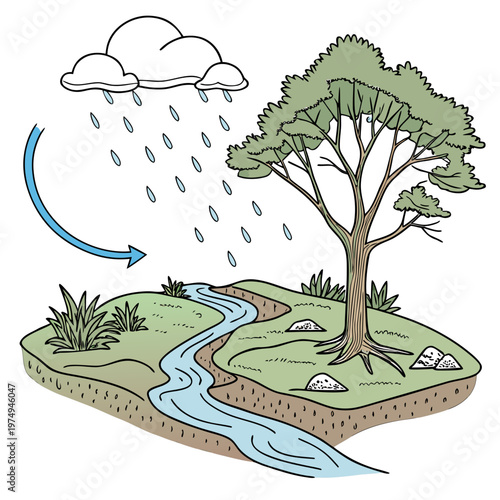 This illustration depicts the water cycle with rain falling from clouds onto trees flowing into a stream and evaporating high quality professional