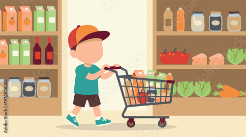 Little boy pushing a shopping cart in a supermarket aisle