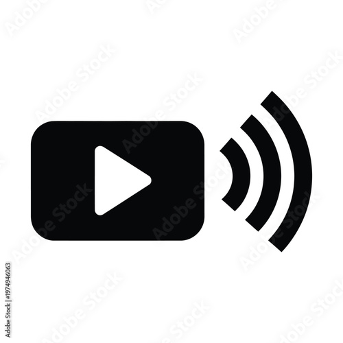 Live streaming video icon vector, black digital broadcast symbol with play button and signal waves, multimedia online player interface element for web and mobile application design