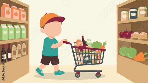 Faceless child pushing a shopping cart full of groceries in supermarket aisle