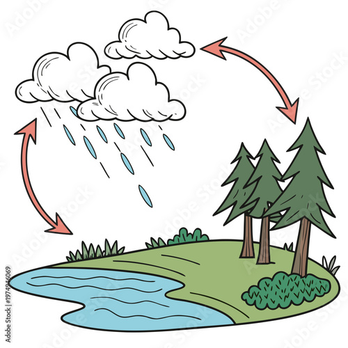 This illustration depicts the water cycle showcasing evaporation condensation precipitation and collection with clouds rain trees and a river high quality professional