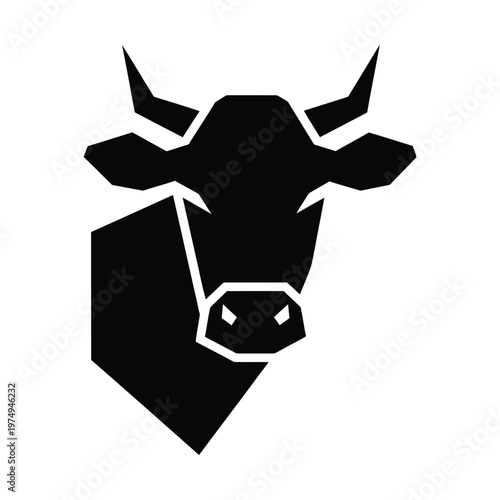 Minimalist cow head logo vector, geometric bull silhouette icon, black and white livestock animal portrait, modern dairy farm branding symbol for organic milk and beef products